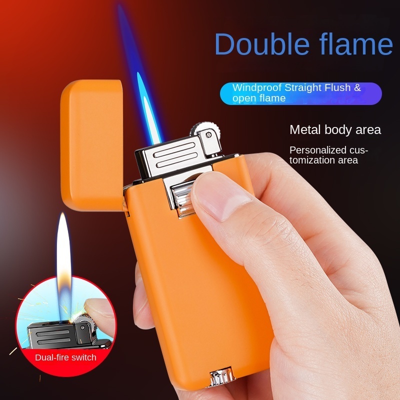 Wholesale Inflatable Grinding Wheel Lighter Straight To Open Fire Double Fire Switch Men'S Gift Lighter