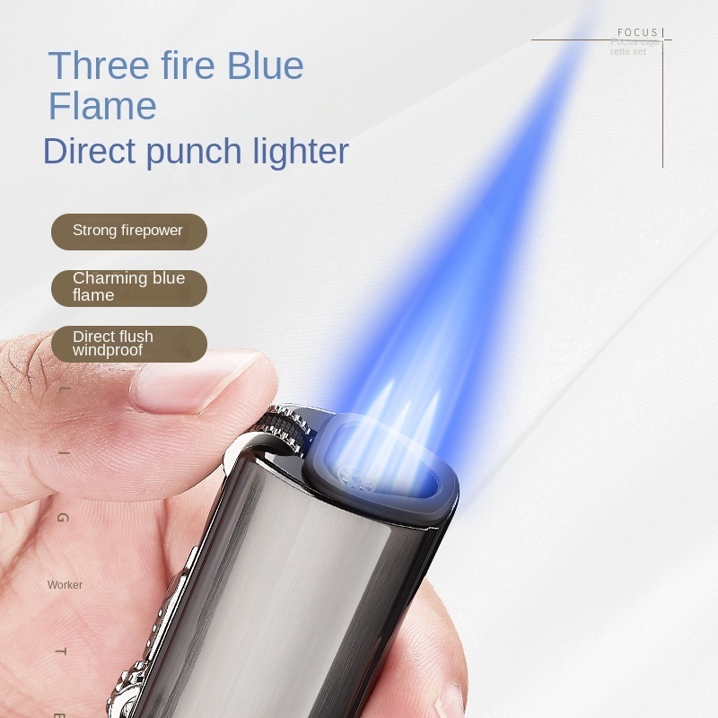 Customized blue flame three direct torch gas lighter, metal windproof roller lighter