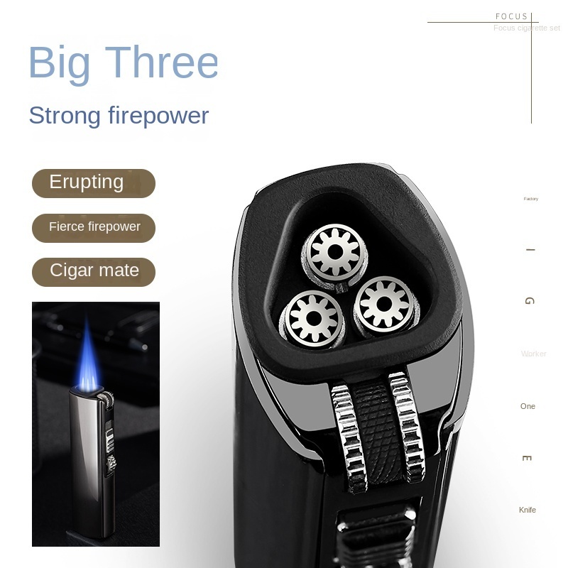 Customized blue flame three direct torch gas lighter, metal windproof roller lighter