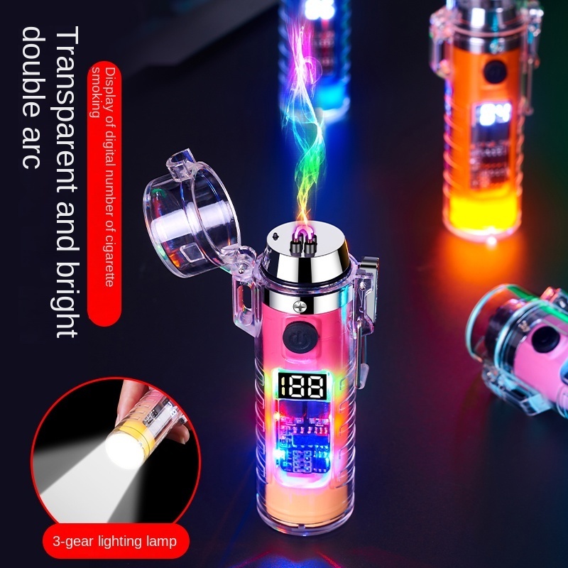 Waterproof transparent shell rechargeable double arc lighter with flashlight, compass, outdoor lighter