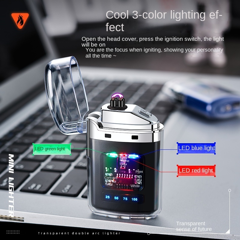 New Outdoor Camping Windproof Torch Lighters With Digital Display Waterproof Double Arc Lighter Portable Usb Charging Lighters