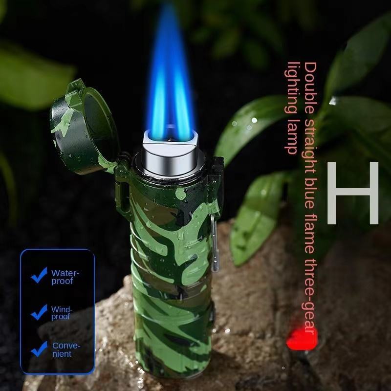 Wholesale Multifunctional Waterproof Flashlight Double Direct Jet Flame Lighter Outdoor Camping Lighting Lighter