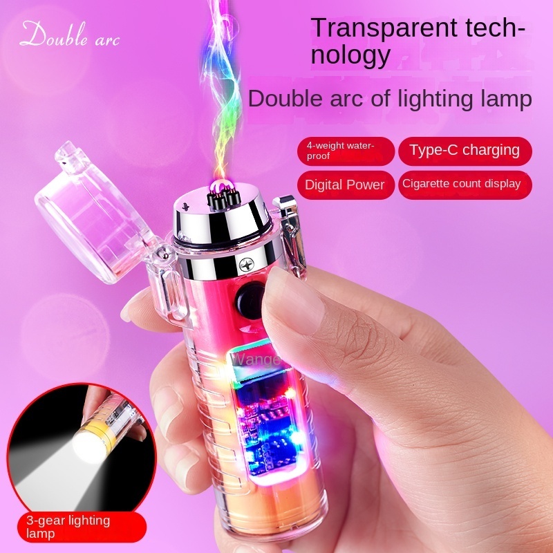 Waterproof transparent shell rechargeable double arc lighter with flashlight, compass, outdoor lighter