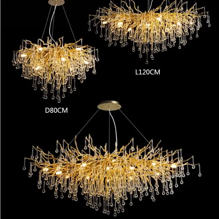 Modern large branch nordic creative brass gold dining living room hotel luxury ceiling pendant light led  crystal chandeliers