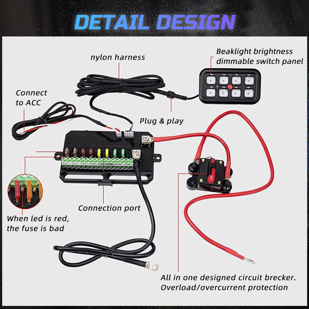 Boat Car Off Road Auxility Lights 24V 12V 8 Gang Switch Panel With Circuit Control Box