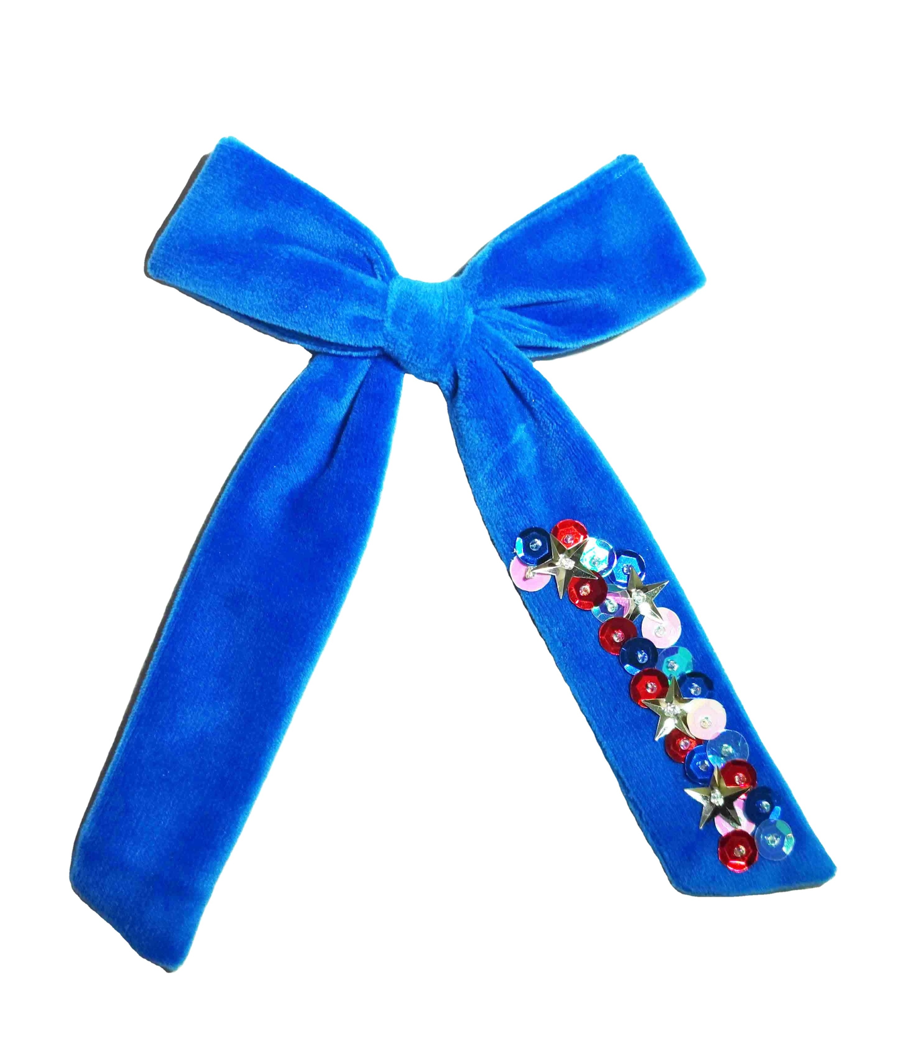 July 4th style bow velvet   Long Tail Hair Bow White Blue Sequins hair clips for girls