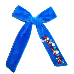 July 4th style bow velvet   Long Tail Hair Bow White Blue Sequins hair clips for girls