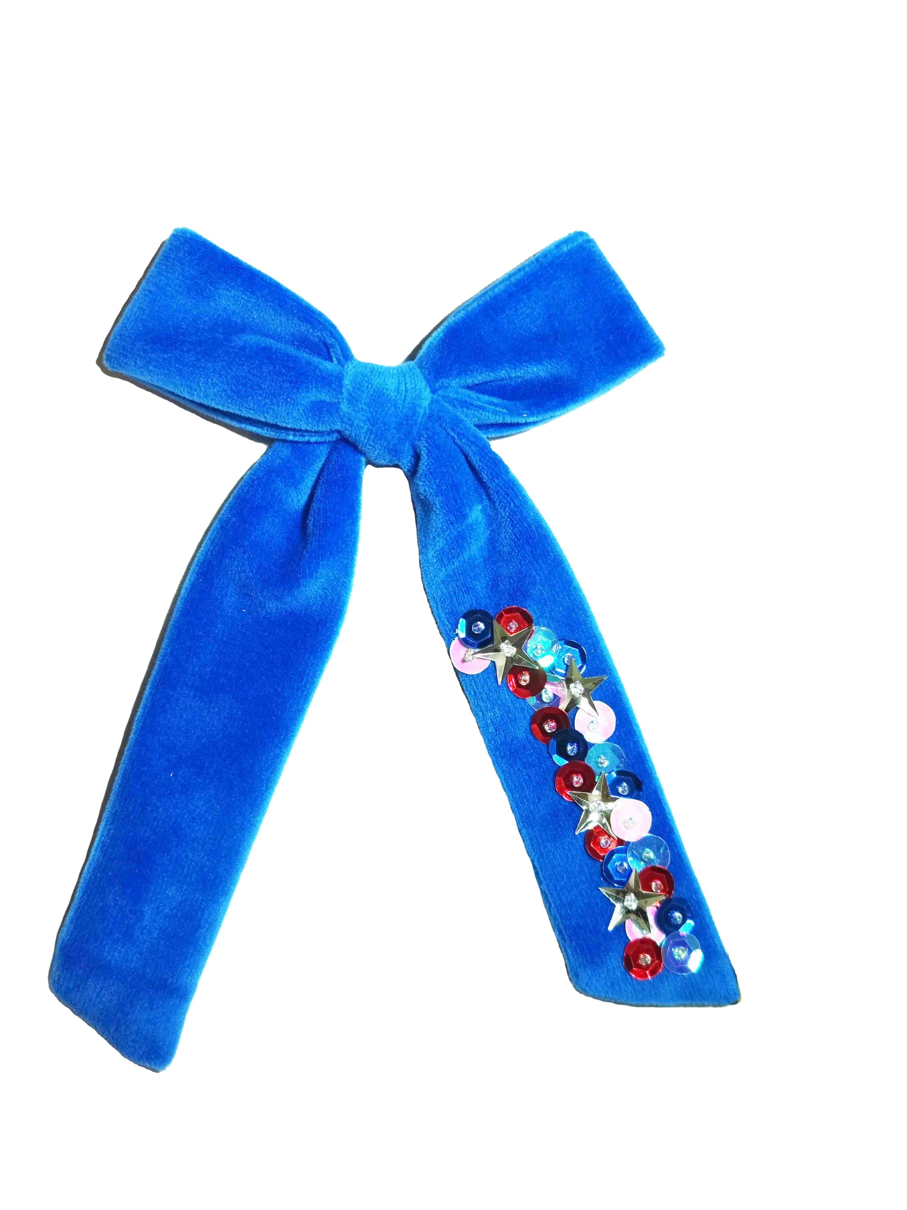 July 4th style bow velvet   Long Tail Hair Bow White Blue Sequins hair clips for girls