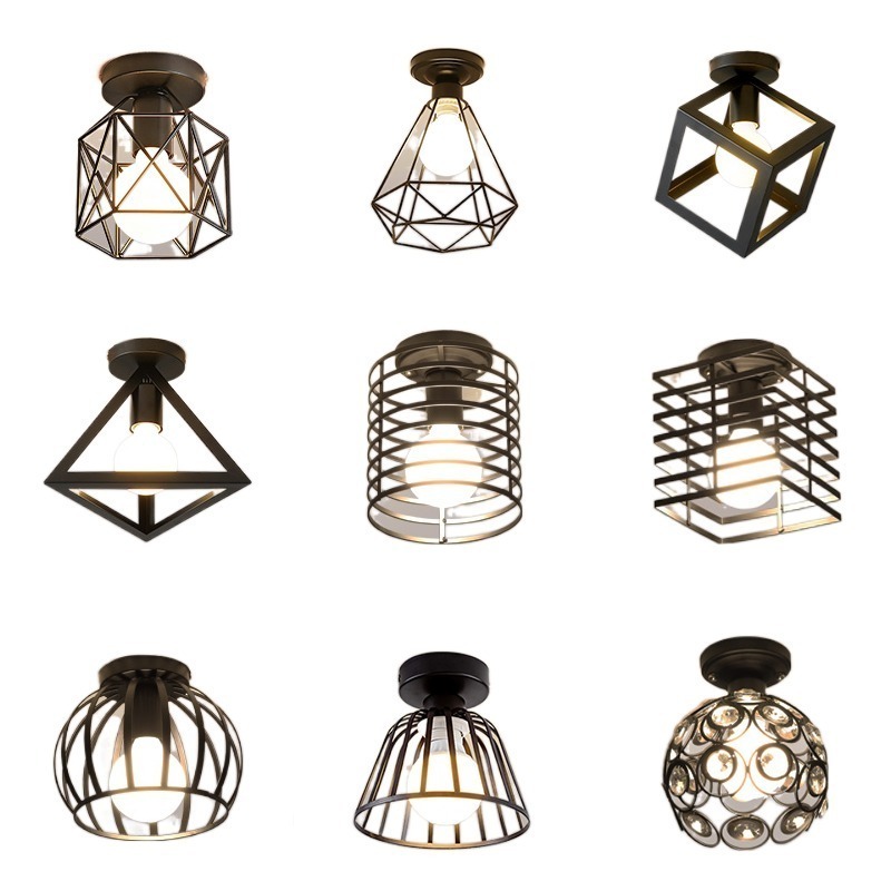 Semi-Flush Mount Ceiling Light, Retro Industrial Metal Cage Ceiling Lamps, for Porch Hallway Kitchen Bathroom Lighting,E27,220V