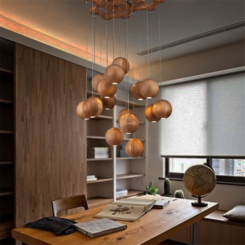 In the Nordic art hotel living room lighting log wood ball LED simple chandelier lights