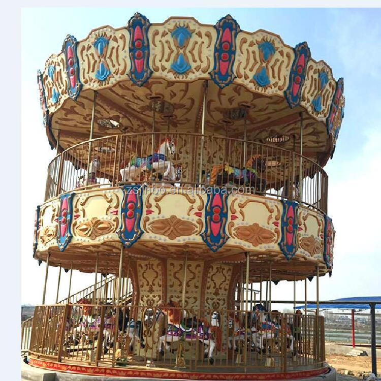 outdoor theme park machine kids and adult  luxury two layers reverse rotation carousel horses FRP for sale