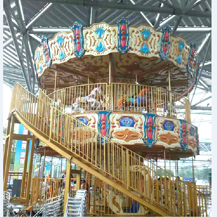 outdoor theme park machine kids and adult  luxury two layers reverse rotation carousel horses FRP for sale