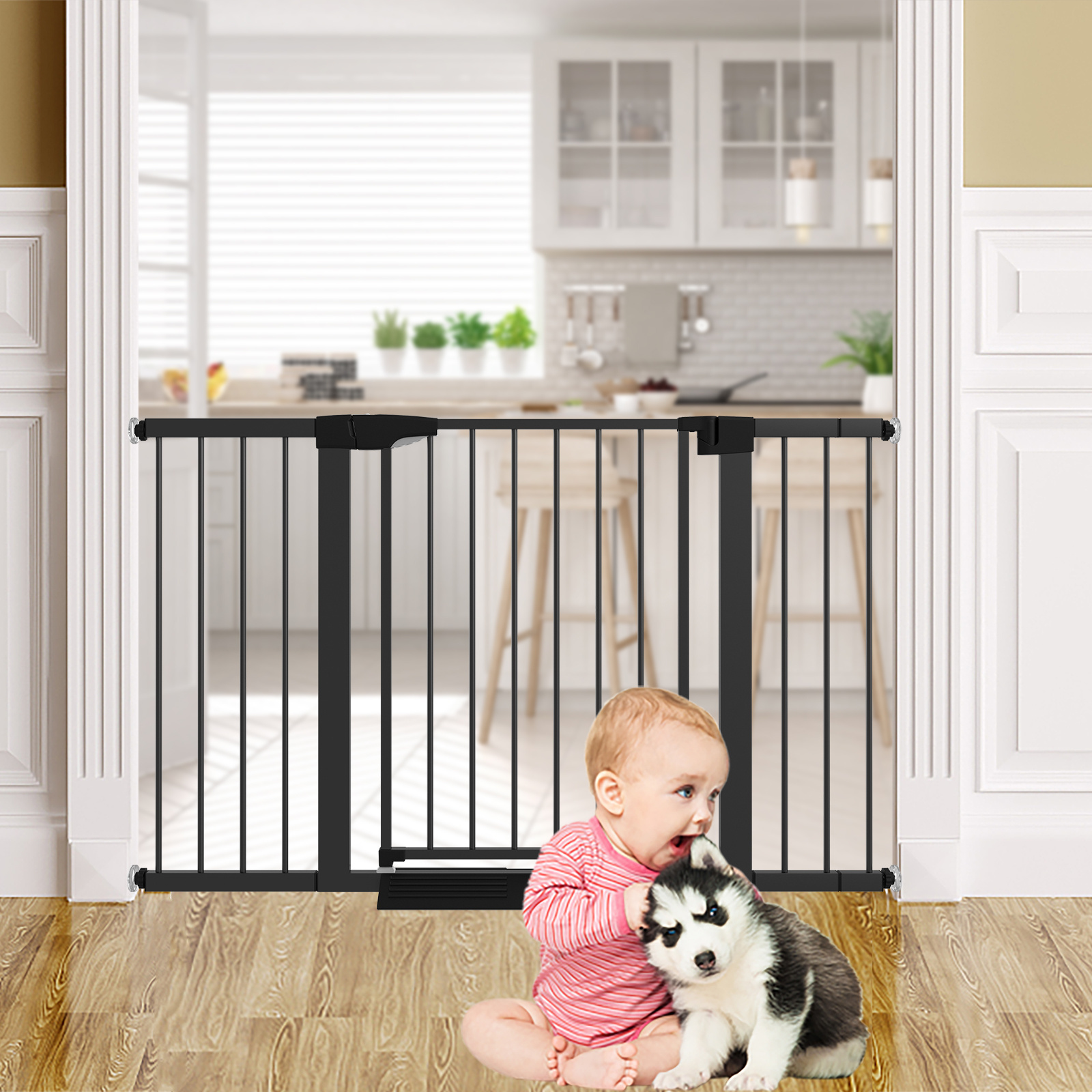 Pressure Mounted Walk Through Double Lock Swing Auto Close Safety White Metal Toddler Child Dog Pet for Indoor,Doorway,Kitchen