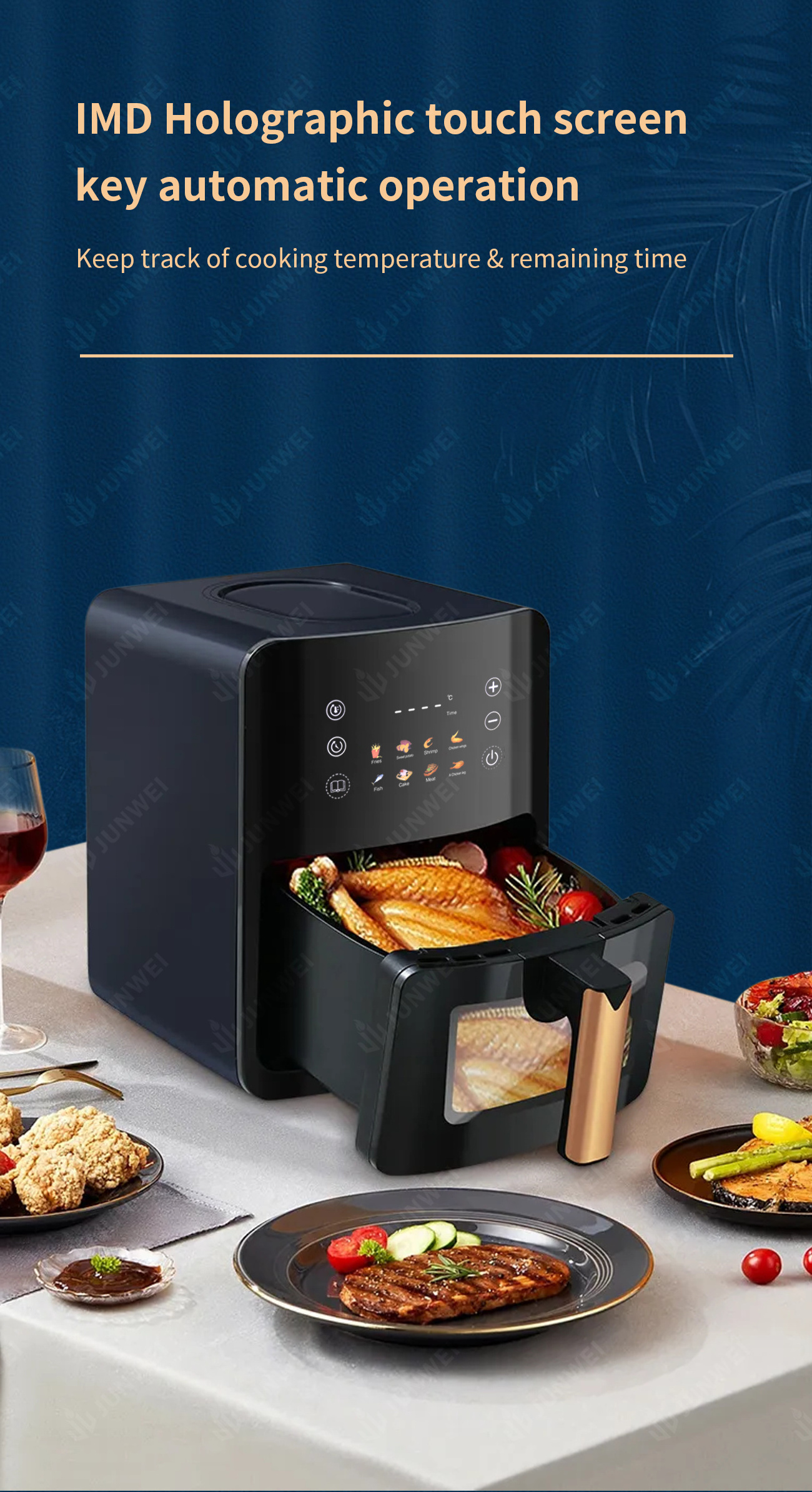 Junwei pastry japan korea tostadeira Home Appliances Oil-free Smart Touch Screen Toaster 1300W 6L air oven fryer