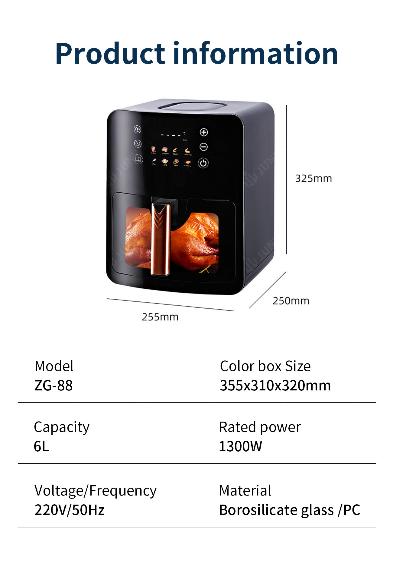 Junwei pastry japan korea tostadeira Home Appliances Oil-free Smart Touch Screen Toaster 1300W 6L air oven fryer