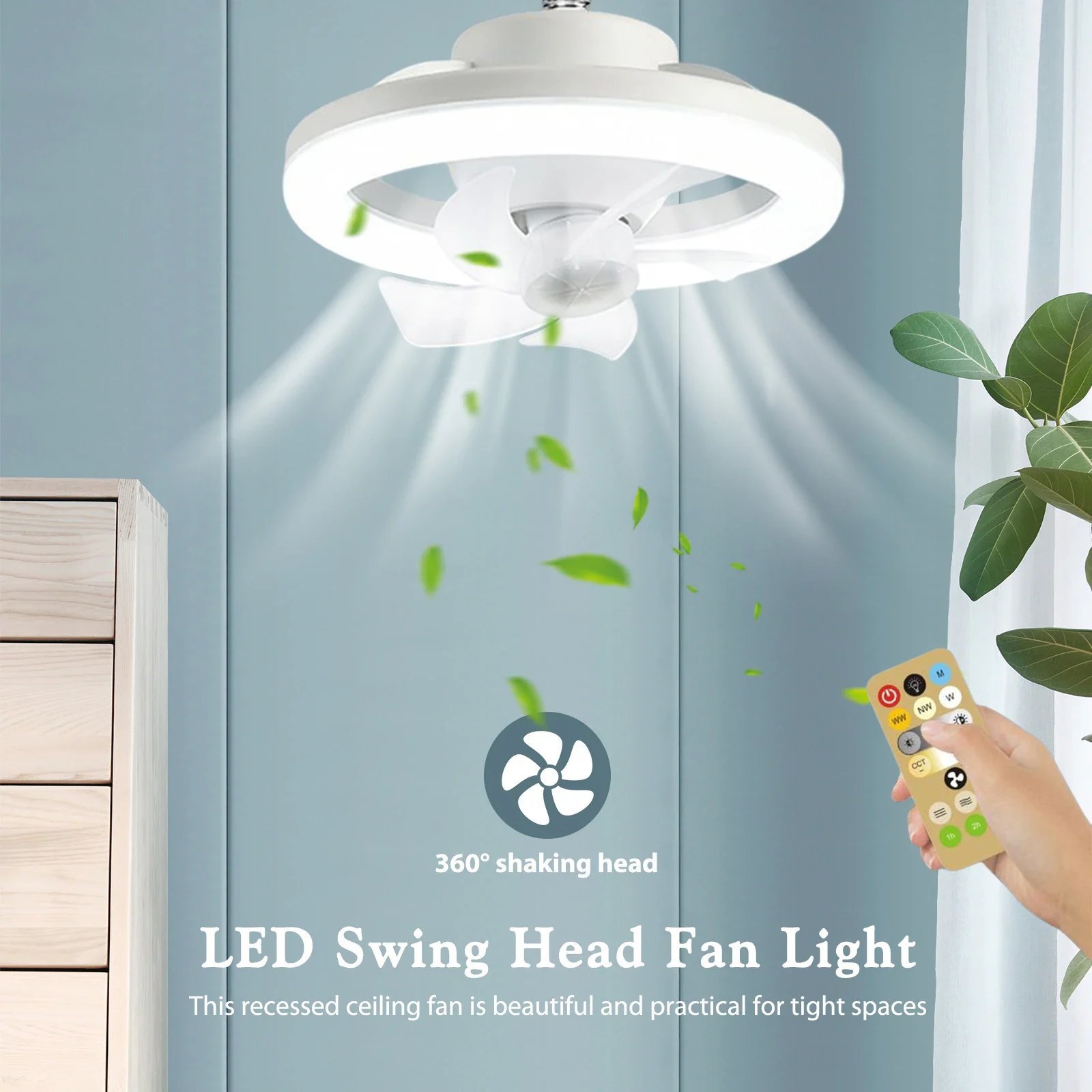 360 LED Silent Ceiling Fan Light e27 Screw Moving Head Fan Light RGB Dimmable Colorful Bedroom Remote Control Ceiling Fan Light