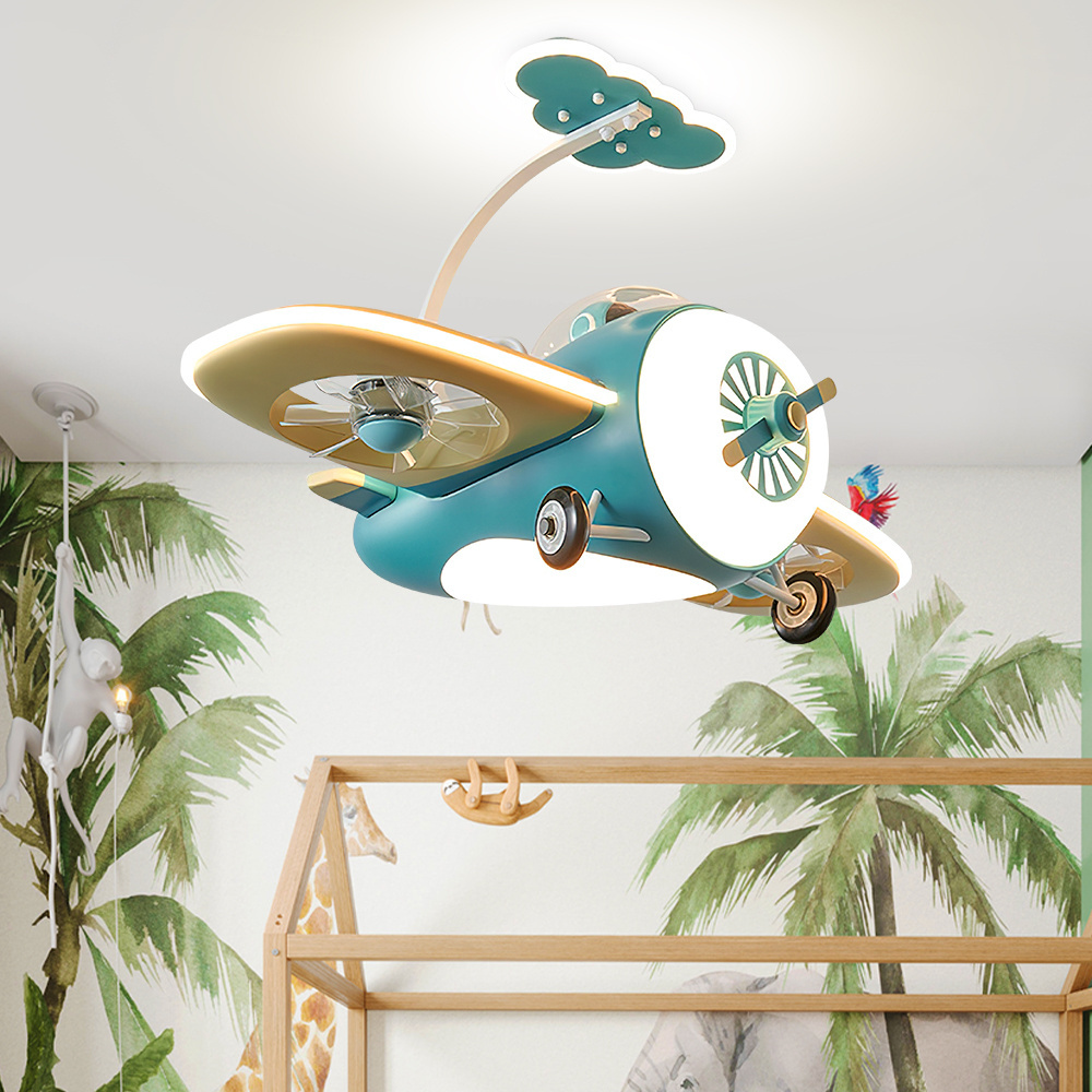 Children Bedroom Decoration Cartoon Airplane Aircraft Dimmable App Control Kids Led Helicopter Ceiling Fan Light For Classroom