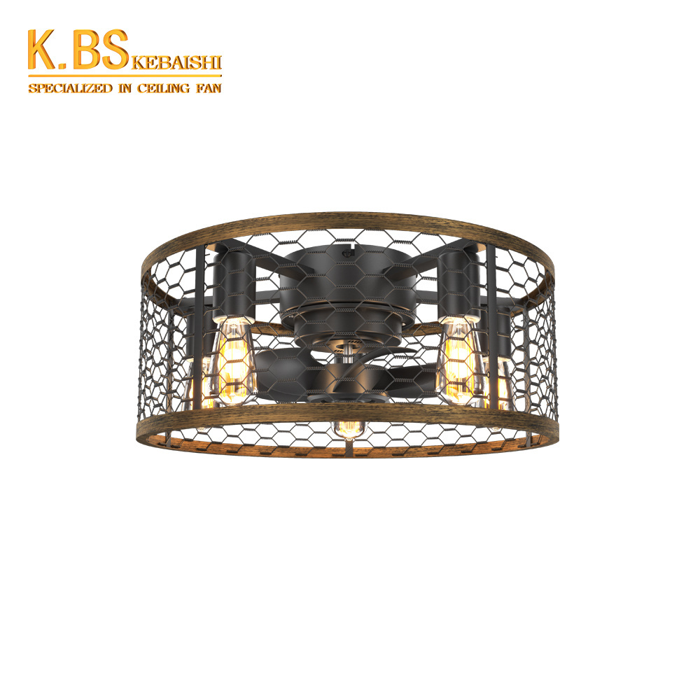 Hot Selling Living Room Bedroom Dimmable 20 Inch Flush Mount Remote Control Caged Industrial Ceiling Fan With Lights