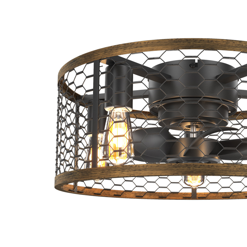 Hot Selling Living Room Bedroom Dimmable 20 Inch Flush Mount Remote Control Caged Industrial Ceiling Fan With Lights