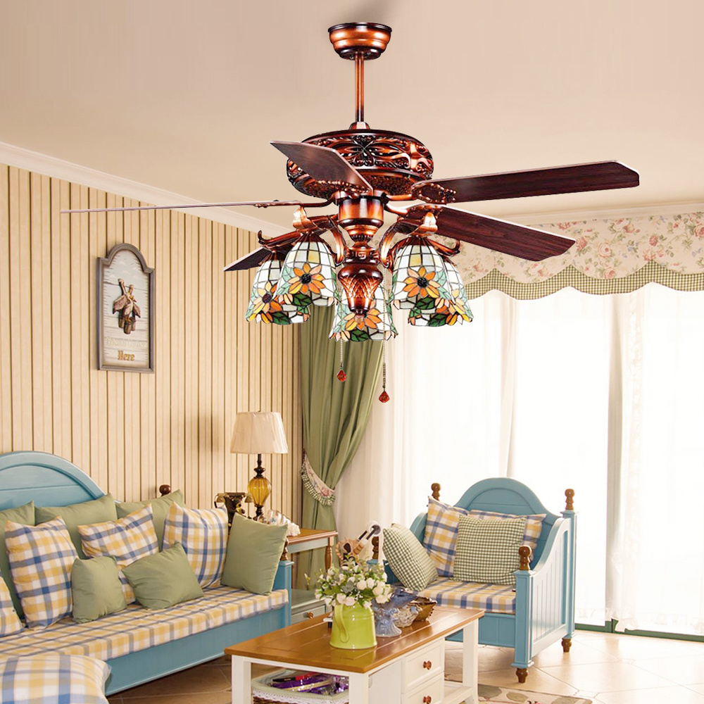 Decorative Gorgeous Tiffany Design Fan Flower Glass Lamp Hand Pull Chain Ceiling Fan With Light