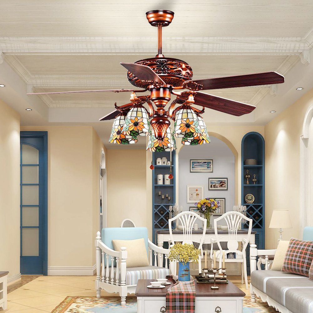 Decorative Gorgeous Tiffany Design Fan Flower Glass Lamp Hand Pull Chain Ceiling Fan With Light