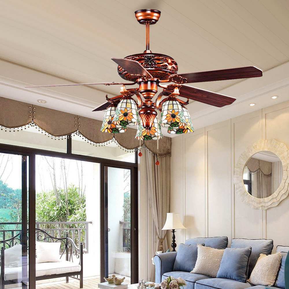 Decorative Gorgeous Tiffany Design Fan Flower Glass Lamp Hand Pull Chain Ceiling Fan With Light