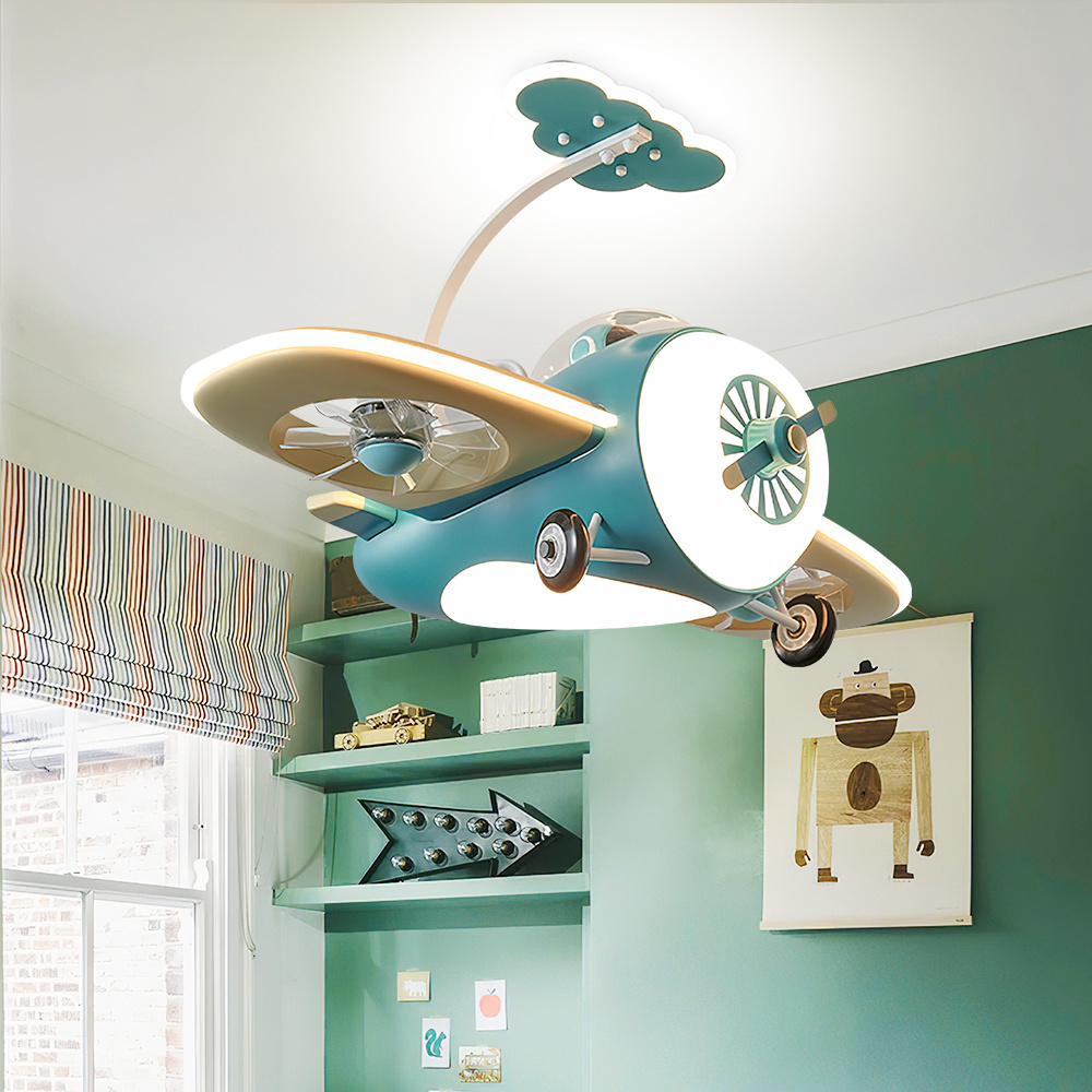 Children Bedroom Decoration Cartoon Airplane Aircraft Dimmable App Control Kids Led Helicopter Ceiling Fan Light For Classroom