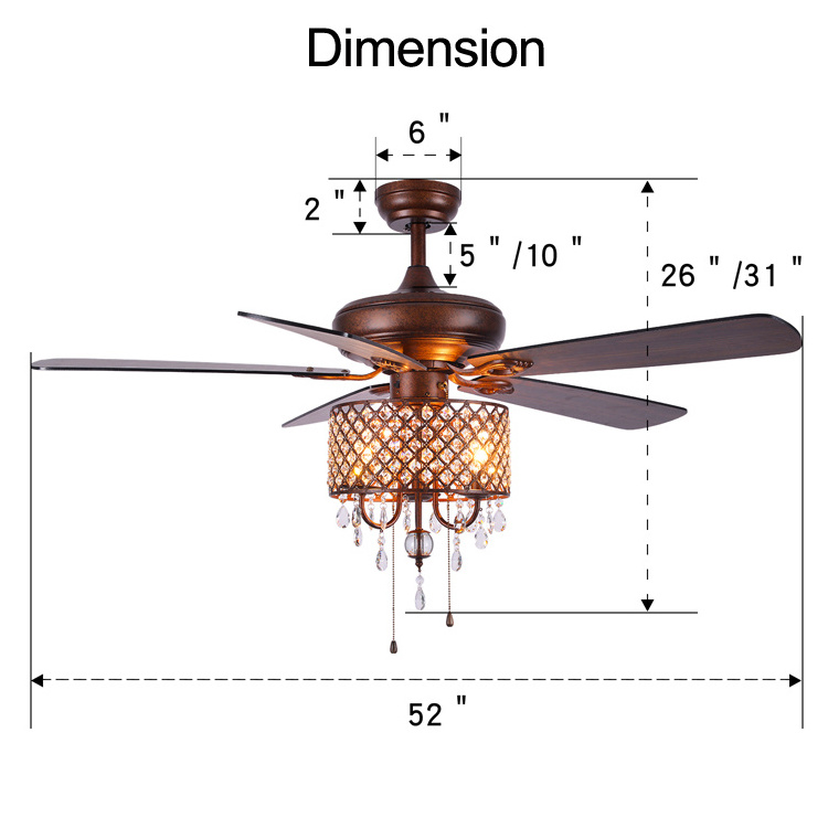 Ceiling Fan with Crystal Light Quiet Fan Light Reversible Blades Chandelier Indoor Crystal Fan 52 Inch Chandelier Decorates Home