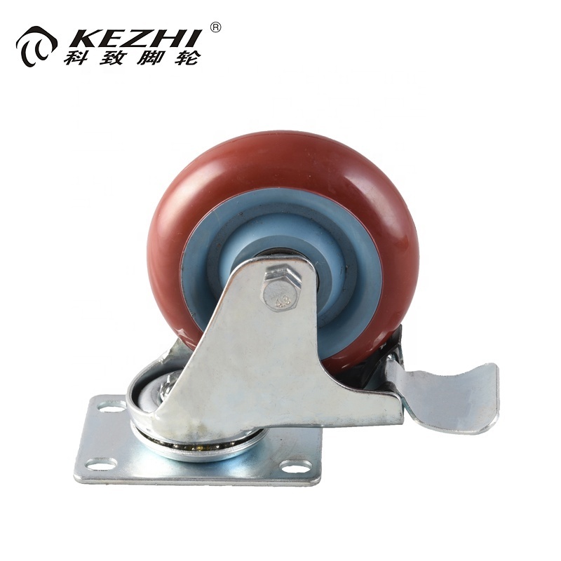 Top 4 inch swivel pu caster with ball bearing flat bottom brake