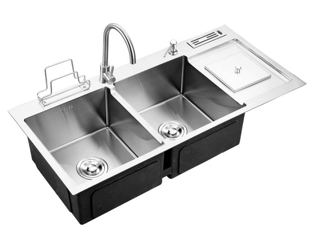 With waste bin Fashion Topmount 304 Stainless Steel Handmade Double Bowl Kitchen Sink With bin