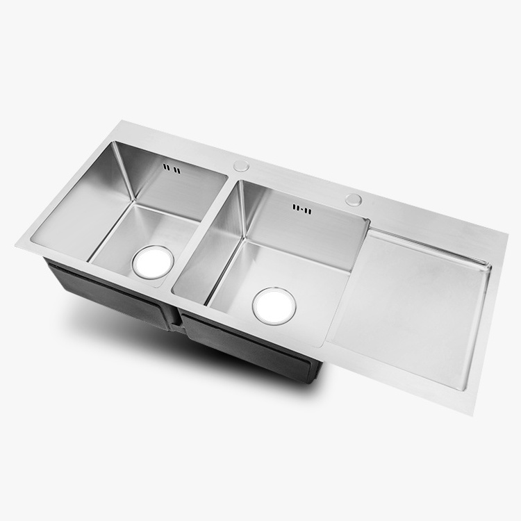 Above Counter Stainless Steel 201/304 Two Bowls Kitchen Sink With Drainboard for Farmhouse Restaurant