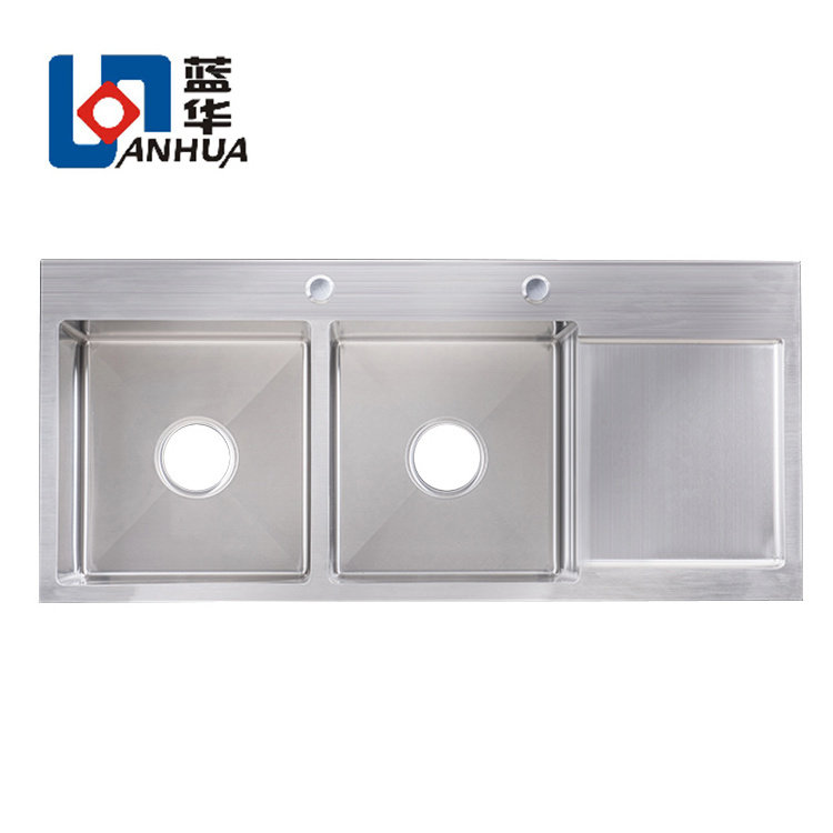 Above Counter Stainless Steel 201/304 Two Bowls Kitchen Sink With Drainboard for Farmhouse Restaurant