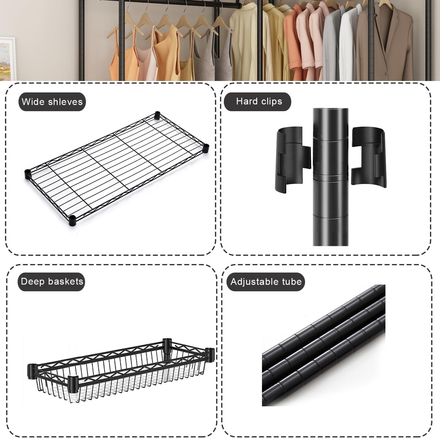 Heavy Duty Clothing Rail Clothing Garment  Coat Racks Freestanding Wardrobe Closet Rack with Hanging Rods