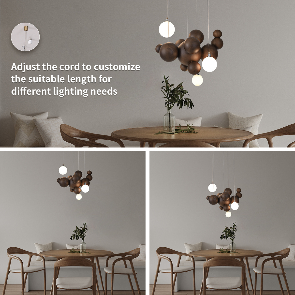 Pendant Light LED Modern Chandelier, Wood Hanging Light Fixture with 3 E26 LED Blubs Pendant Lights Kitchen Island Ceiling