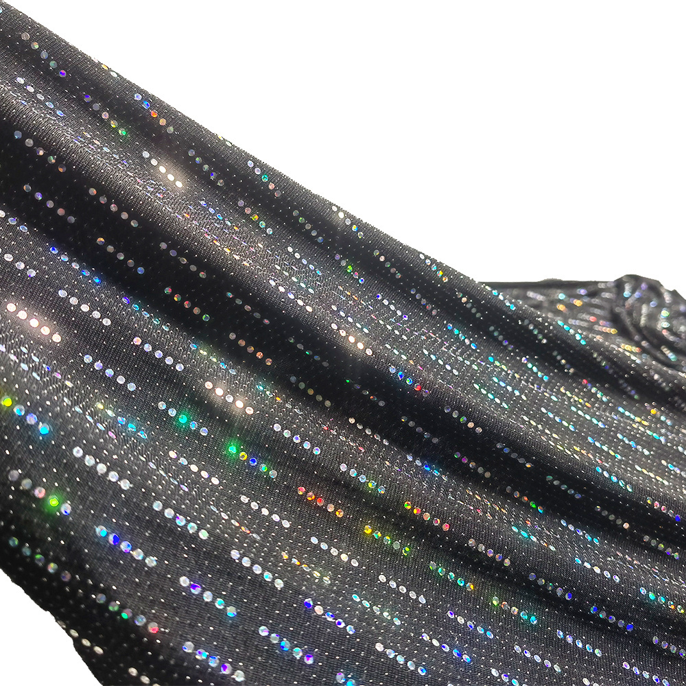 silver holographic sequins stripe nylon fabric color changing metallic lurex knit fabric for slinky mini dress