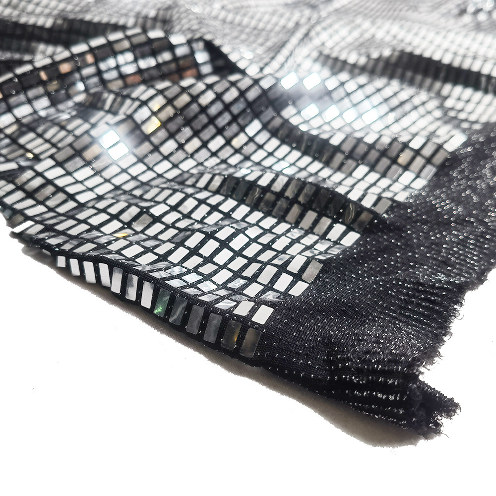 3*8mm rectangle glued spangle on knitted lurex jersey all over sequin mirrored nylon fabric for mini dress