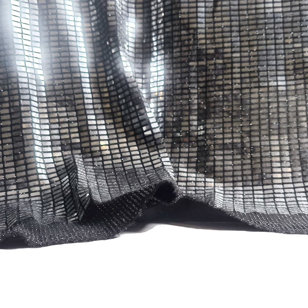 3*8mm rectangle glued spangle on knitted lurex jersey all over sequin mirrored nylon fabric for mini dress