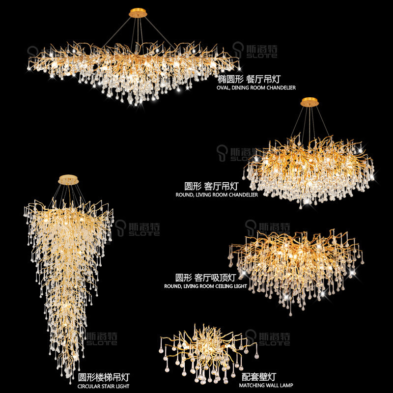 High quality Luxury Modern Crystal Chandelier Lighting Gold Copper Tree Branch Crystal Chandelier Pendant Lights