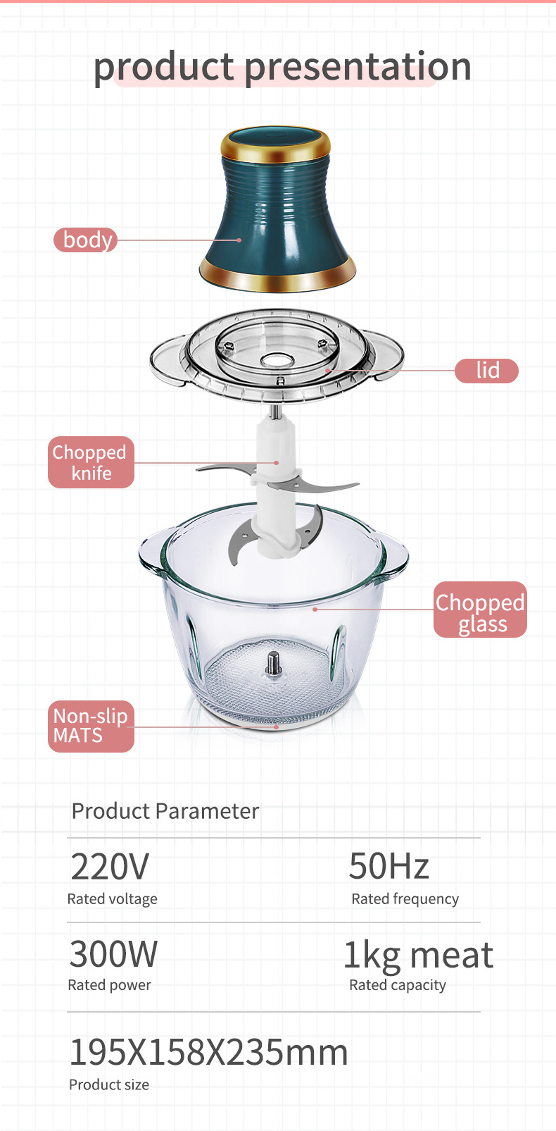 Meat Chopper Home Kitchen Electric Meat Mincer Food Grinder Automatic Meat Grinder 2L Glass Bowl