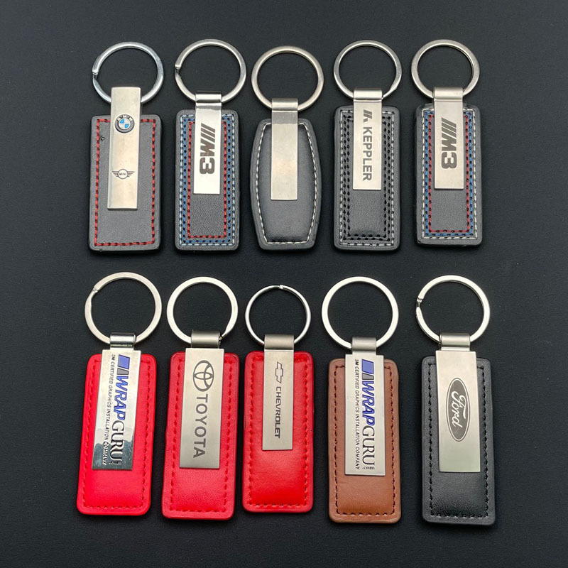 engraveable silk screen pu  car logo laser braided rope square pattern custom leather keychain