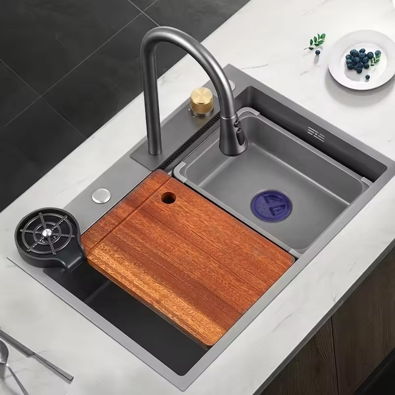 Nano 304 Stainless Steel Kitchen Sink Multifunctional Smart Rainfall Faucet Kitchen Sink With Waterfall