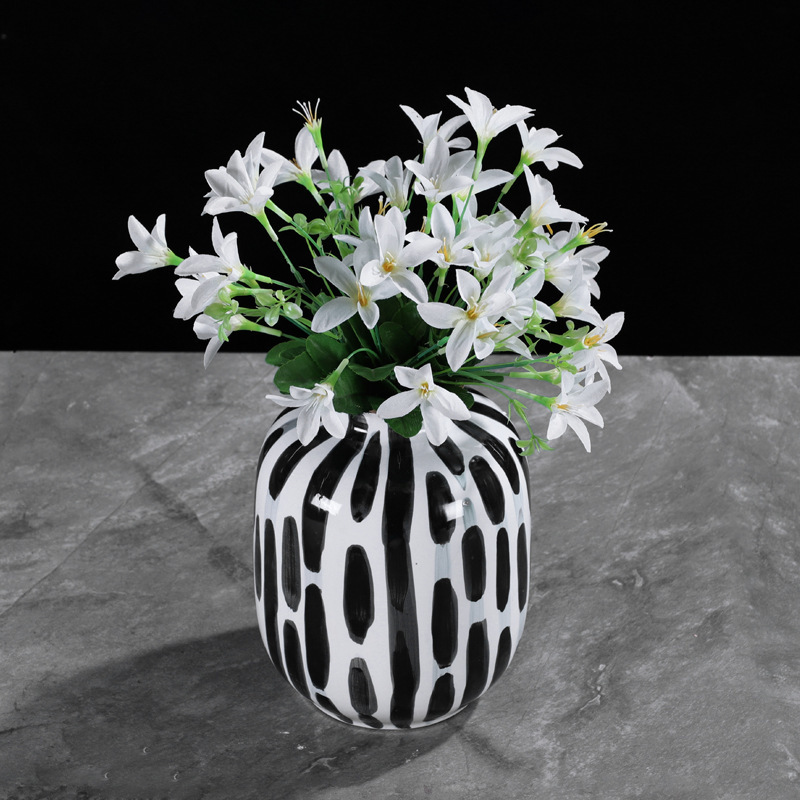 Modern Black White Dotted Ceramic Tabletop Vase with Gold Edged Flower Sets Luxury Minimalist Home Accessories for Sample Room