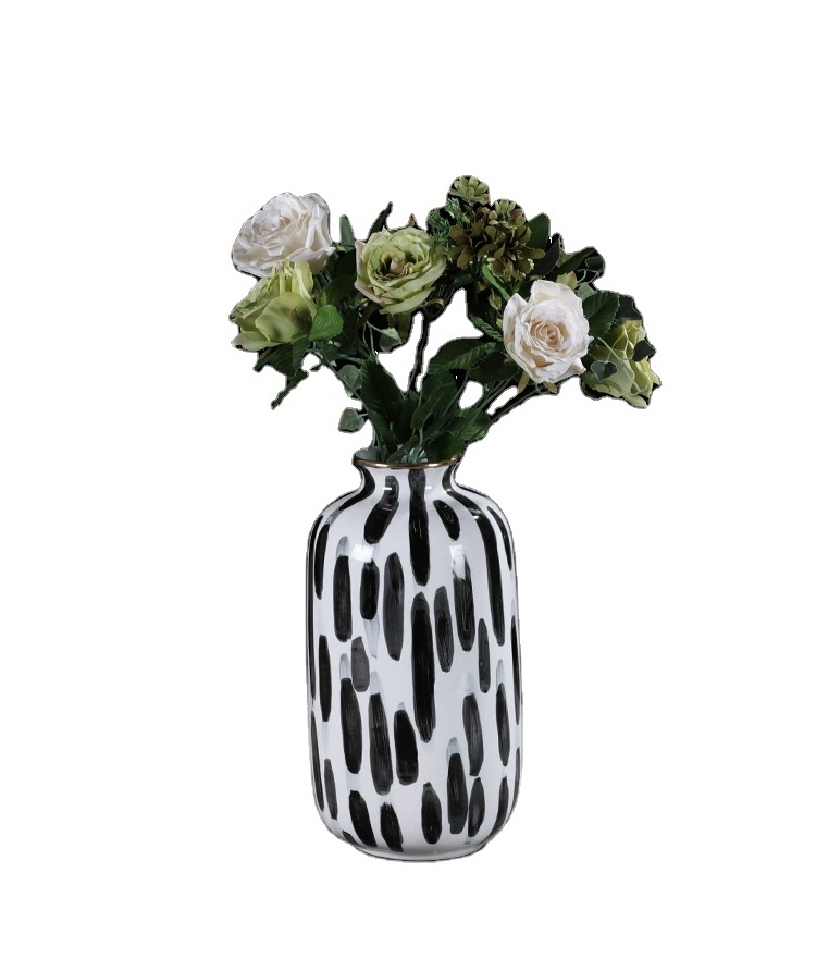 Modern Black White Dotted Ceramic Tabletop Vase with Gold Edged Flower Sets Luxury Minimalist Home Accessories for Sample Room