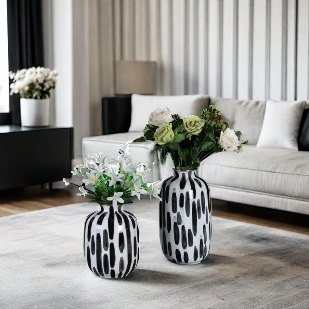 Modern Black White Dotted Ceramic Tabletop Vase with Gold Edged Flower Sets Luxury Minimalist Home Accessories for Sample Room