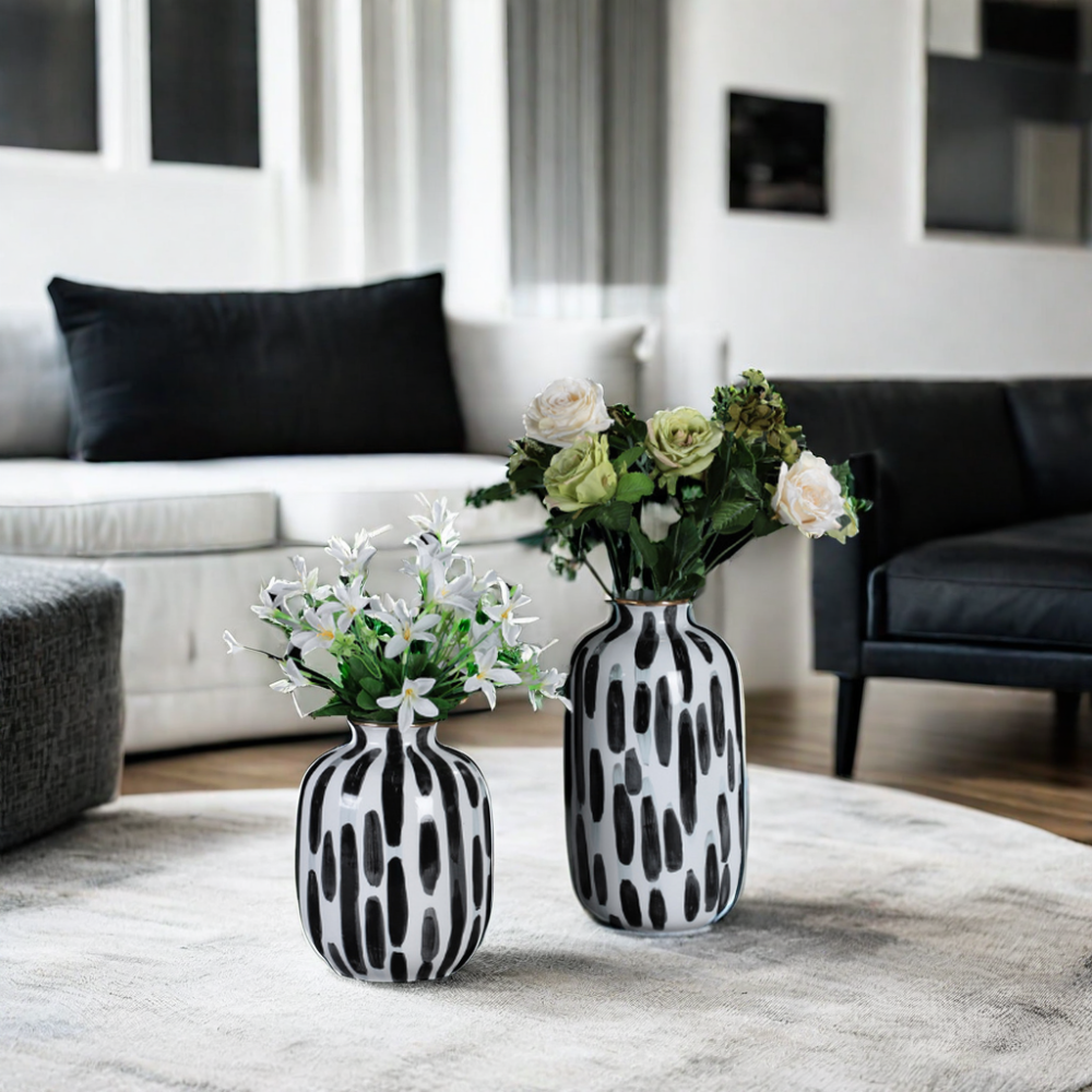 Modern Black White Dotted Ceramic Tabletop Vase with Gold Edged Flower Sets Luxury Minimalist Home Accessories for Sample Room