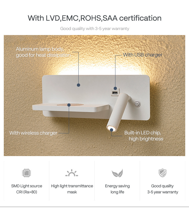 Multifunction Bedside Wall Lamp With USB Wireless Phone Charger Bedroom Night Light Wall Table Lamp Reading Light