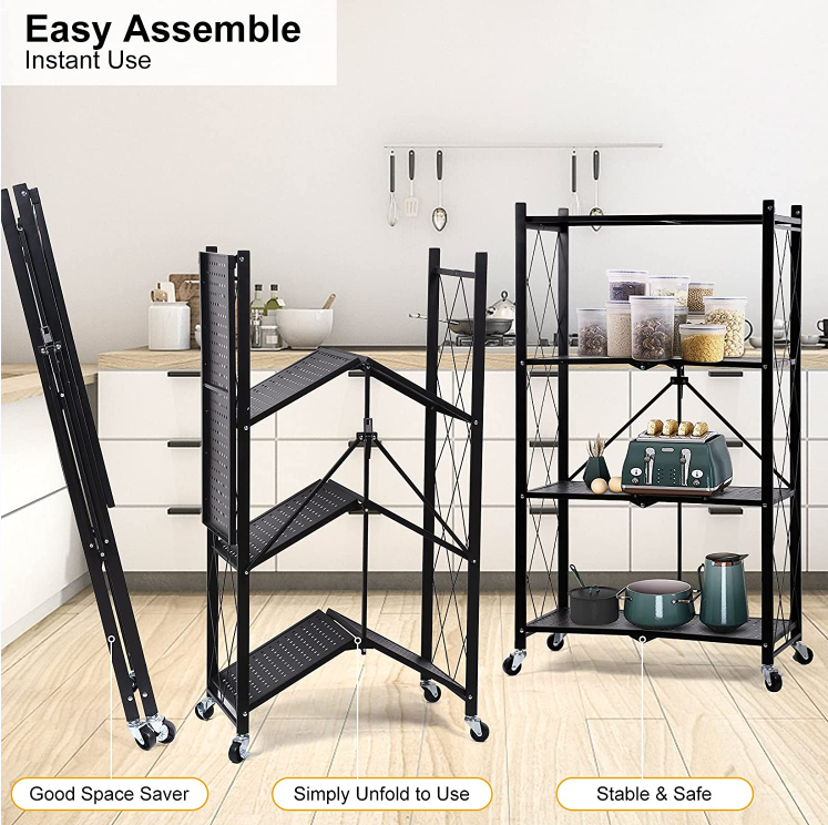 4-tier foldable kitchen standing shelving unit shelves metal storage folding pantry rack with wheels