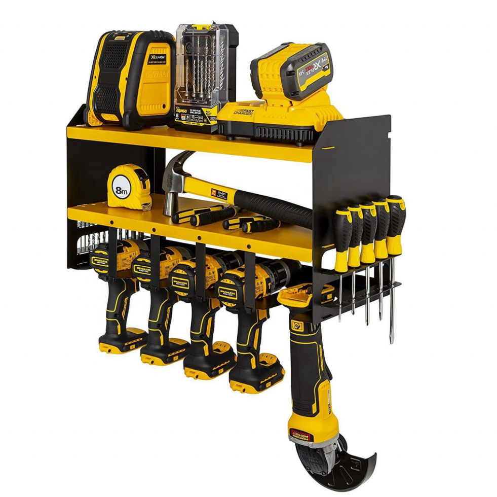 Wall Mount Power Tool Organizer, 2 Tier Heavy Duty Tool Storage Rack and 5 Slots Drill Hanger