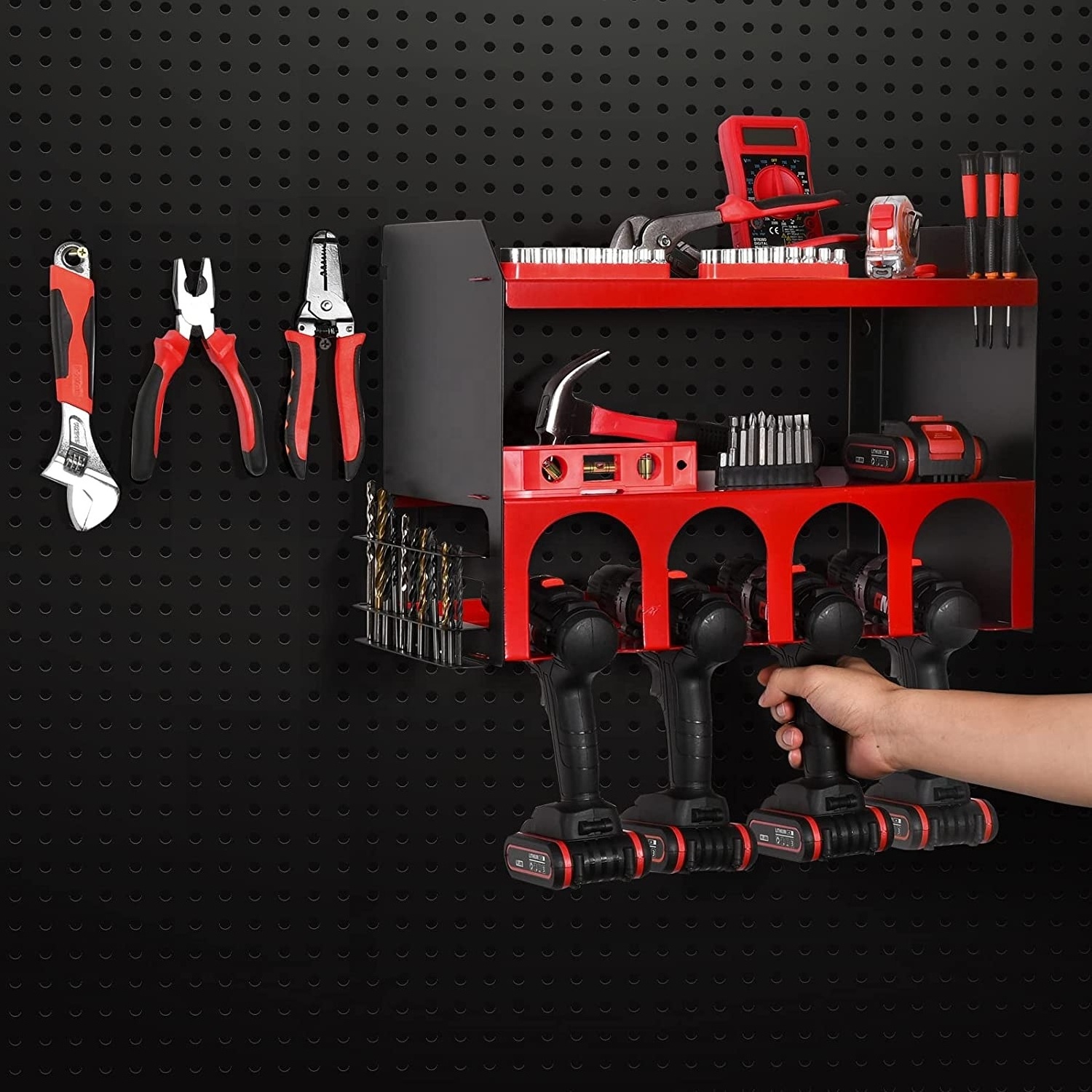 Power Tool Storage Metal Organizer - Cordless Drill Charging Station Wall Mount Four Drill Holder with Drill Bit Rack for Garage