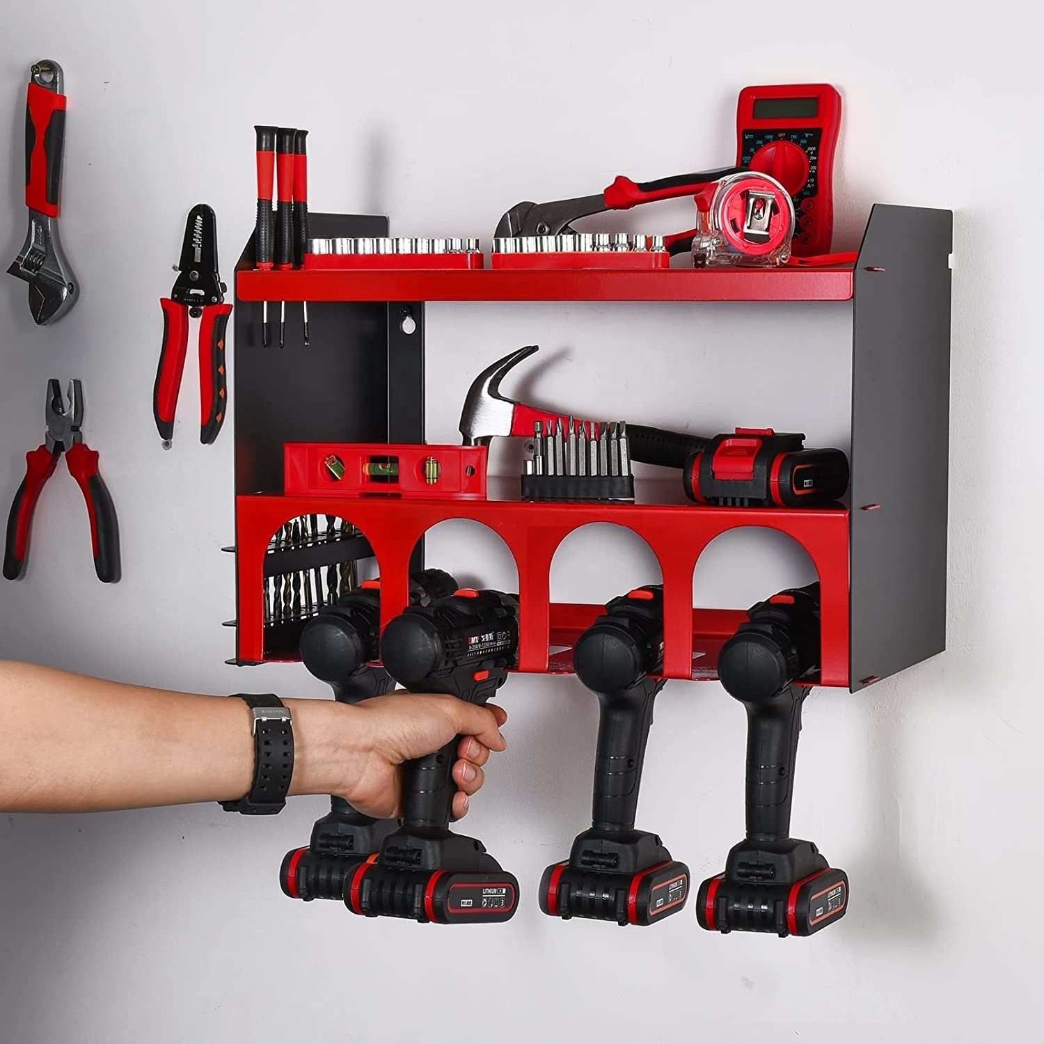 Power Tool Storage Metal Organizer - Cordless Drill Charging Station Wall Mount Four Drill Holder with Drill Bit Rack for Garage